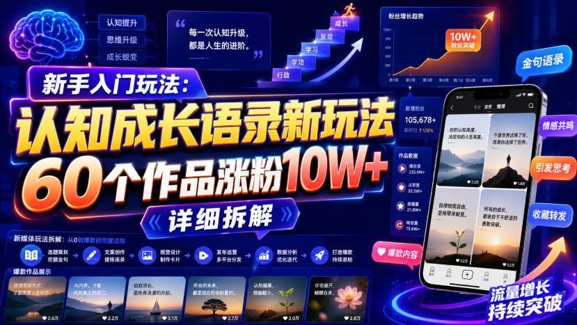 新手入门玩法：认知成长语录新玩法，60个作品涨粉10W+，详细拆解-87副业网 - 互联网副业项目资源分享平台