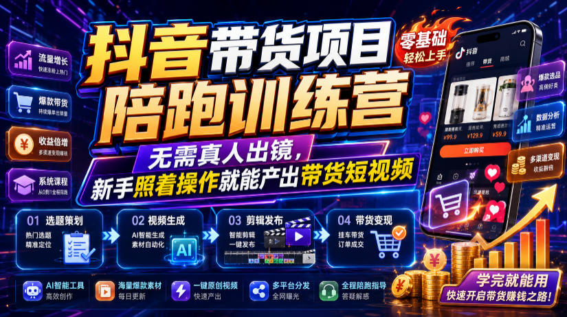 抖音带货项目陪跑训练营，无需真人出镜，新手照着操作就能产出带货短视频(更新0811)-87副业网 - 互联网副业项目资源分享平台