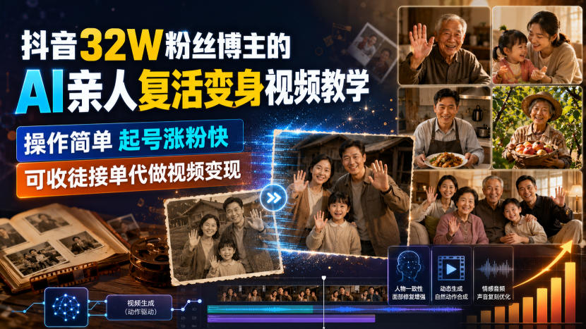 抖音32W粉丝博主的AI亲人复活变身视频教学，操作简单，起号涨粉快，可收徒接单代做视频变现-87副业网 - 互联网副业项目资源分享平台