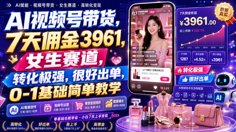 AI视频号带货，7天佣金3961，女生赛道，转化极强，很好出单，0-1基础简单教学-87副业网 - 互联网副业项目资源分享平台