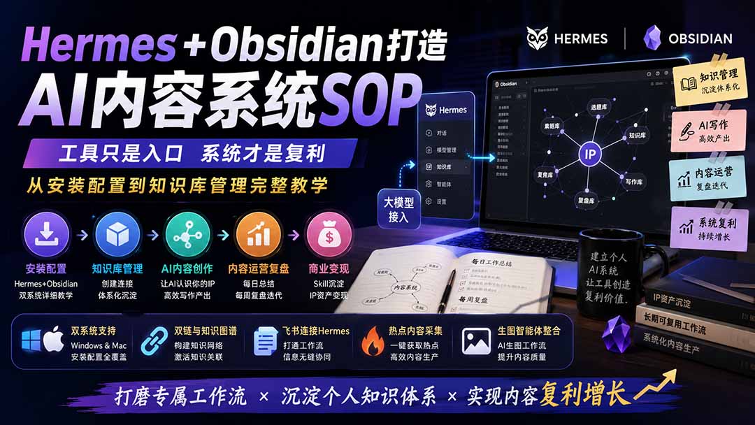 Hermes+Obsidian打造AI内容系统SOP；工具只是入口系统才是复利，从安装配置到知识库管理完整教学-87副业网 - 互联网副业项目资源分享平台