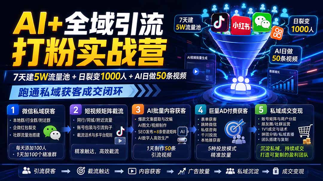 AI+全域引流打粉实战营：7天建5W流量池+日裂变1000人+AI日做50条视频，跑通私域获客成交闭环 - 87副业网