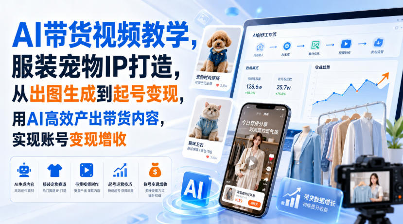 AI带货视频教学，服装宠物IP打造，从出图生成到起号变现，用AI高效产出带货内容，实现账号变现增收 - 87副业网