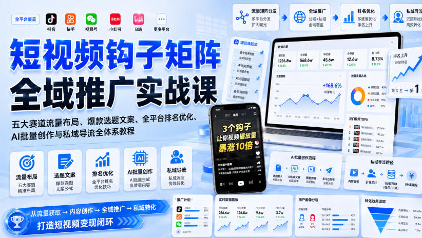 短视频钩子矩阵全域推广实战课｜五大赛道流量布局、爆款选题文案、全平台排名优化、AI批量创作与私域导流全体系教程 - 87副业网
