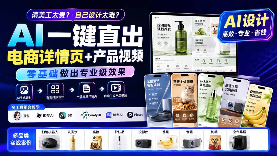 请美工太贵？自己设计太难？AI一键直出电商详情页+产品视频，零基础做出专业级效果 (更新0820 - 87副业网