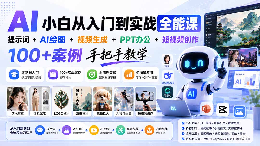 AI小白从入门到实战全能课：提示词+AI绘图+视频生成+PPT办公+短视频创作，100+案例手把手教学-87副业网 - 互联网副业项目资源分享平台