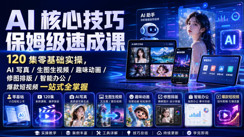 AI核心技巧保姆级速成课｜120集零基础实操，AI写真/生图生视频/趣味动画/修图排版/智能办公/爆款短视频一站式全掌握(更新) - 87副业网