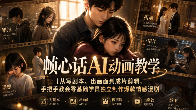 帧心话AI动画教学|从写剧本、出画面到成片剪辑,手把手教会零基础学员独立制作爆款情感漫剧-87副业网 - 互联网副业项目资源分享平台
