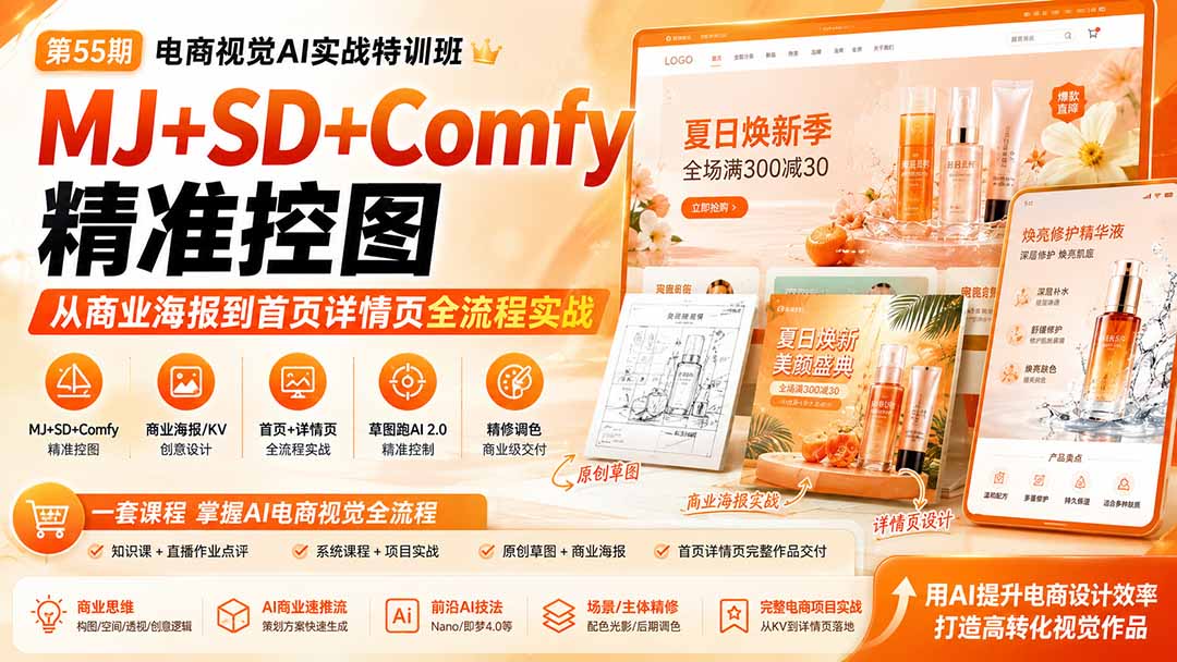 电商视觉 AI实战训练营第55期：MJ+SD+Comfy精准控图，从商业海报到首页详情页全流程实战 - 87副业网