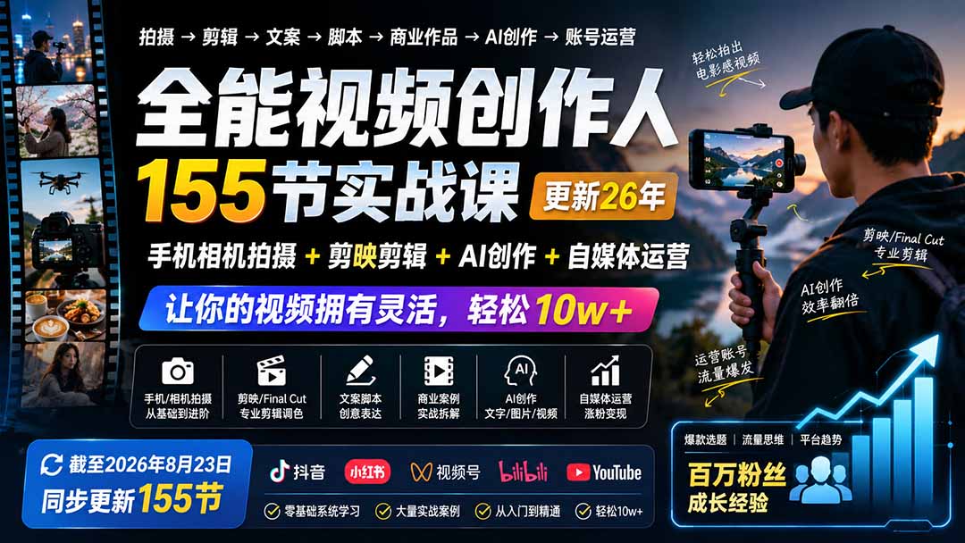 全能视频创作人155节实战课-更新26年8月：手机相机拍摄+剪映剪辑+AI创作+自媒体运营，让你的视频拥有灵活，轻松10w-87副业网 - 互联网副业项目资源分享平台