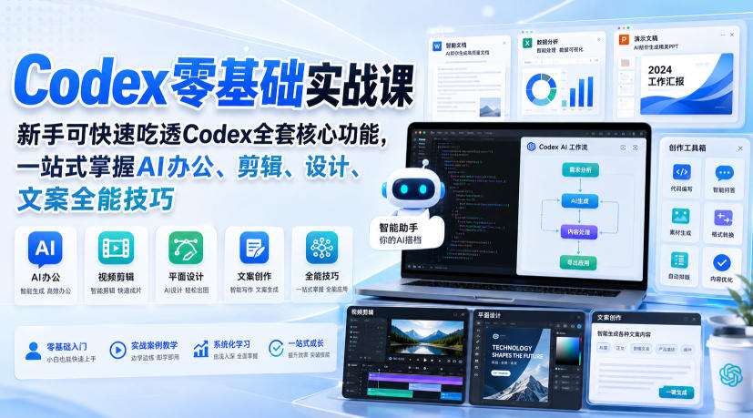 Codex零基础实战课,新手可快速吃透Codex全套核心功能,一站式掌握AI办公、剪辑、设计、文案全能技巧-87副业网 - 互联网副业项目资源分享平台