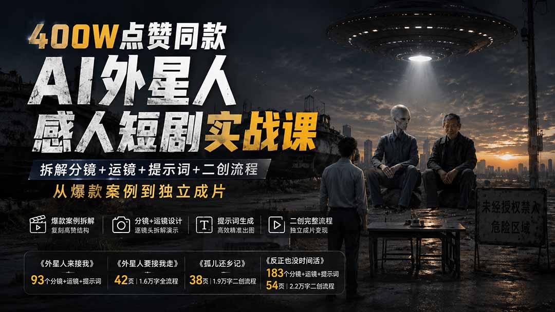 400W点赞同款AI外星人感人短剧实战课:拆解分镜+运镜+提示词+二创流程,从爆款案例到独立成片-87副业网 - 互联网副业项目资源分享平台