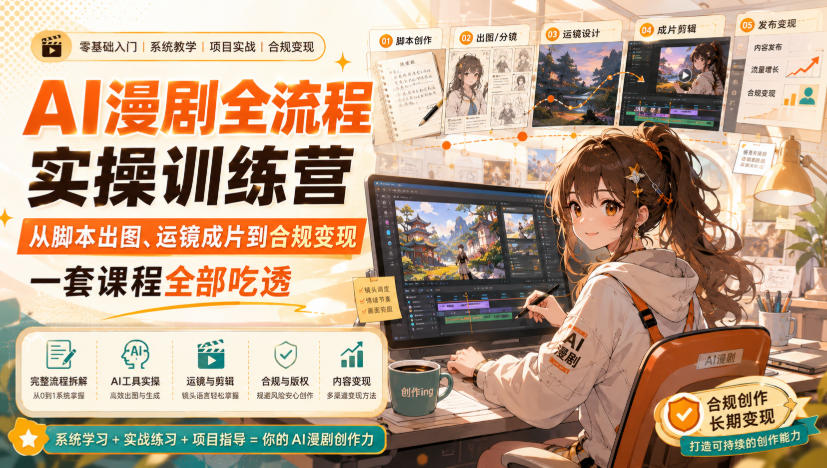 AI漫剧全流程实操训练营，从脚本出图、运镜成片到合规变现，一套课程全部吃透-87副业网 - 互联网副业项目资源分享平台