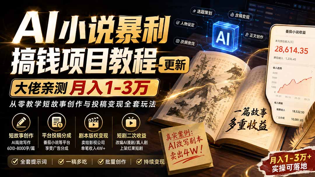 AI小说暴利搞钱项目教程-更新,大佬亲测月入1-3万,从零教学短故事创作与投稿变现全套玩法-87副业网 - 互联网副业项目资源分享平台