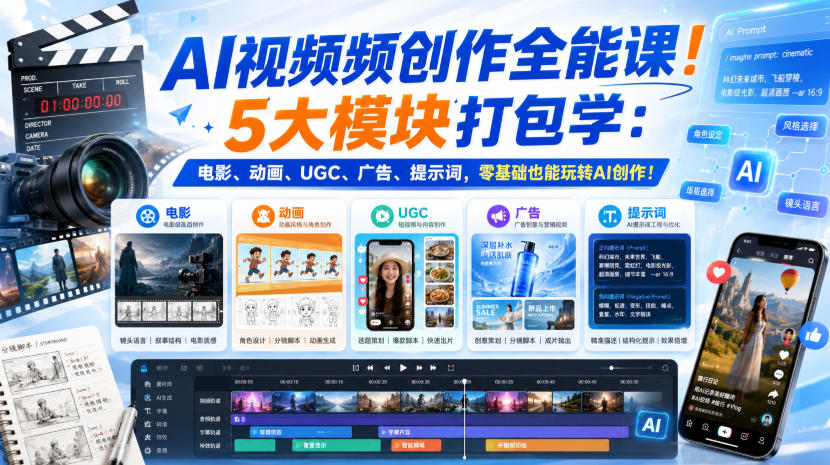 AI视频频创作全能课！5大模块打包学：电影、动画、UGC、广告、提示词，零基础也能玩转AI创作！【原创双语字幕】-87副业网 - 互联网副业项目资源分享平台