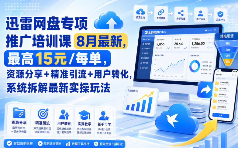 迅雷网盘专项推广培训课8月最新，最高15米/每单，资源分享+精准引流+用户转化，系统拆解最新实操玩法(更新0824)-87副业网 - 互联网副业项目资源分享平台