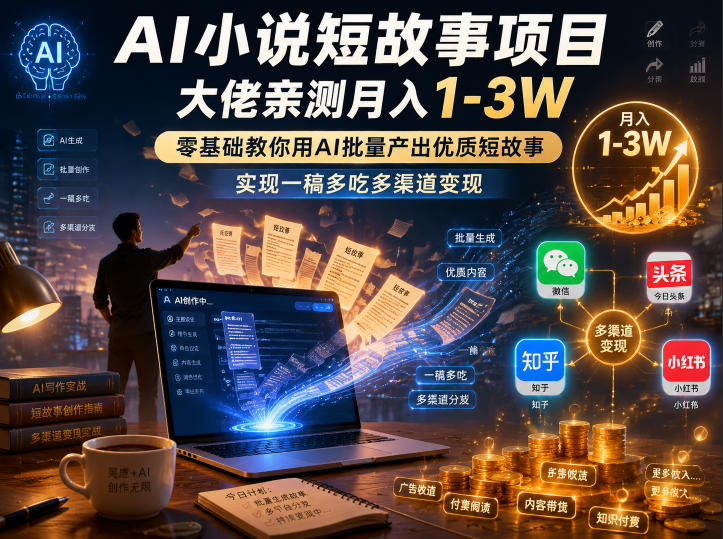 AI小说短故事项目,大佬亲测月入1-3W,零基础教你用AI批量产出优质短故事,实现一稿多吃多渠道变现(更新0824)-87副业网 - 互联网副业项目资源分享平台