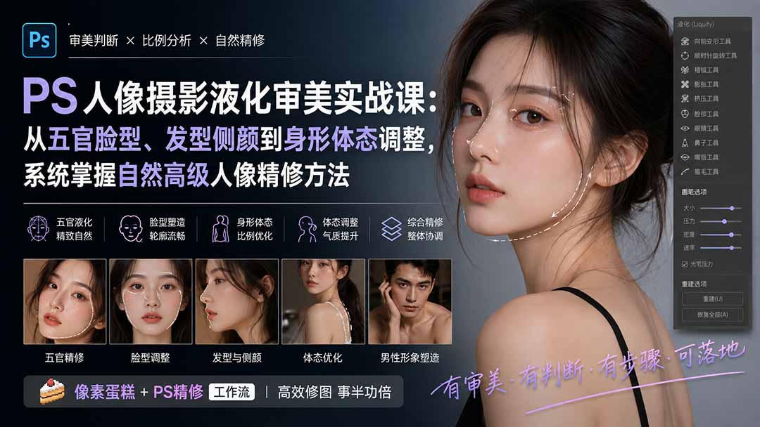 PS人像摄影液化审美实战课：从五官脸型、发型侧颜到身形体态调整，系统掌握自然高级人像精修方法 - 87副业网