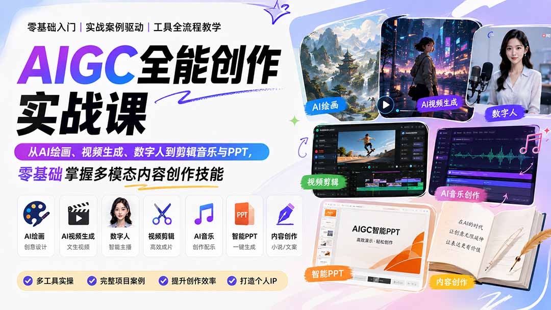 AIGC全能创作实战课：从AI绘画、视频生成、数字人到剪辑音乐与PPT，零基础掌握多模态内容创作技能 - 87副业网