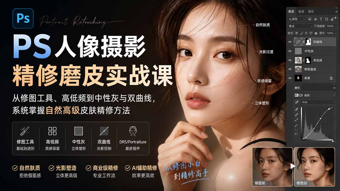 PS人像摄影精修磨皮实战课：从修图工具、高低频到中性灰与双曲线，系统掌握自然高级皮肤精修方法 - 87副业网