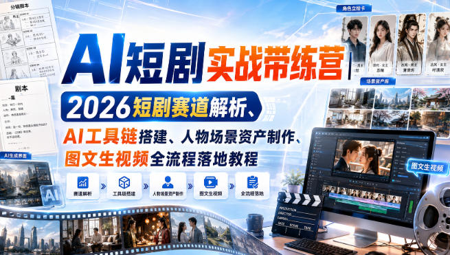 AI短剧实战带练营｜2026短剧赛道解析、AI工具链搭建、人物场景资产制作、图文生视频全流程落地教程 - 87副业网