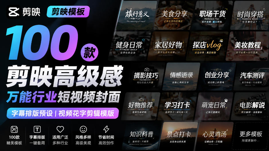 【剪映模板】100款剪映高级感万能行业短视频封面字幕排版预设视频花字剪辑模版 - 87副业网