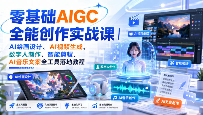 零基础AIGC全能创作实战课｜AI绘画设计、AI视频生成、数字人制作、智能剪辑、AI音乐文案全工具落地教程 - 87副业网