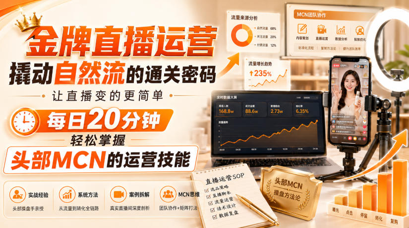 金牌直播运营撬动自然流的通关密码，让直播变的更简单，每日20分钟，轻松掌握头部MCN的运营技能 - 87副业网