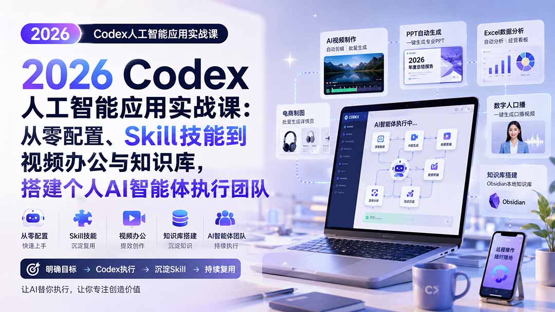 2026 Codex人工智能应用实战课：从零配置、Skill技能到视频办公与知识库，搭建个人AI智能体执行团队 - 87副业网