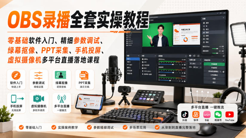 OBS录播全套实操教程｜零基础软件入门、精细参数调试、绿幕抠像、手机投屏、虚拟摄像机多平台直播落地课程 - 87副业网