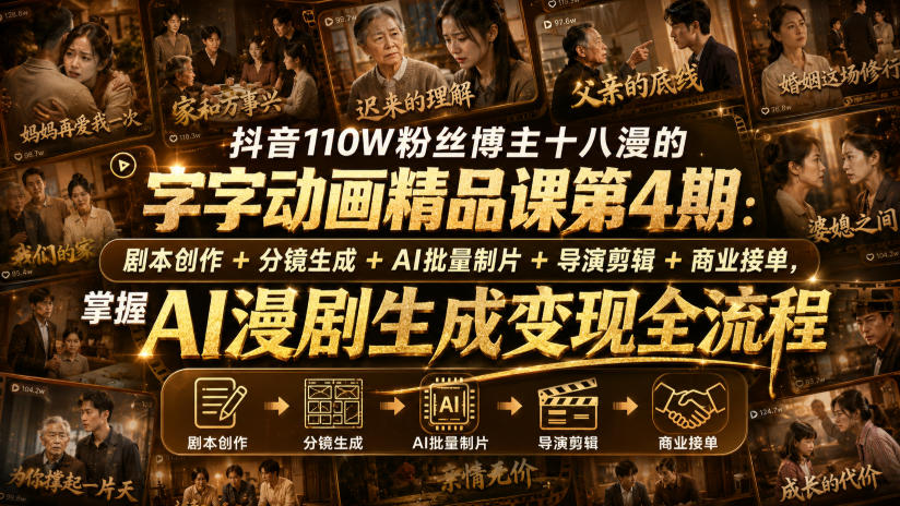 抖音110W粉丝博主十八漫的字字动画精品课第4期：剧本创作+分镜生成+剪辑+商业接单，掌握AI漫剧生成变现全流程 - 87副业网