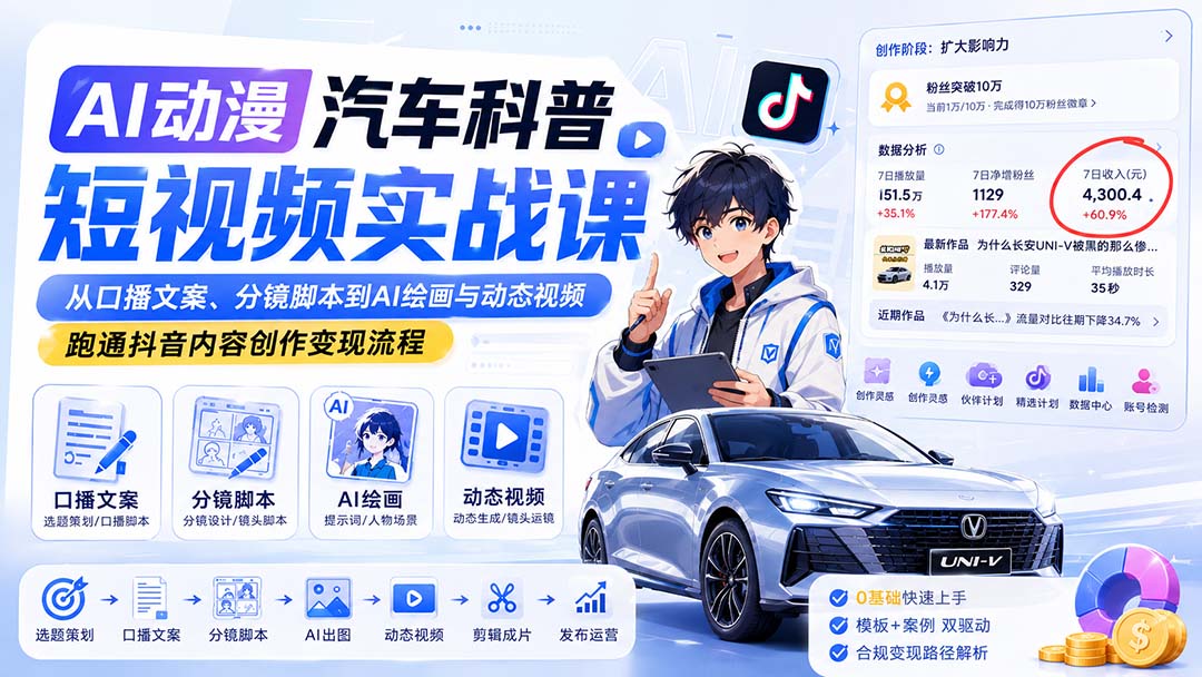 AI动漫汽车科普短视频实战课：从口播文案、分镜脚本到AI绘画与动态视频，跑通抖音内容创作变现流程 - 87副业网
