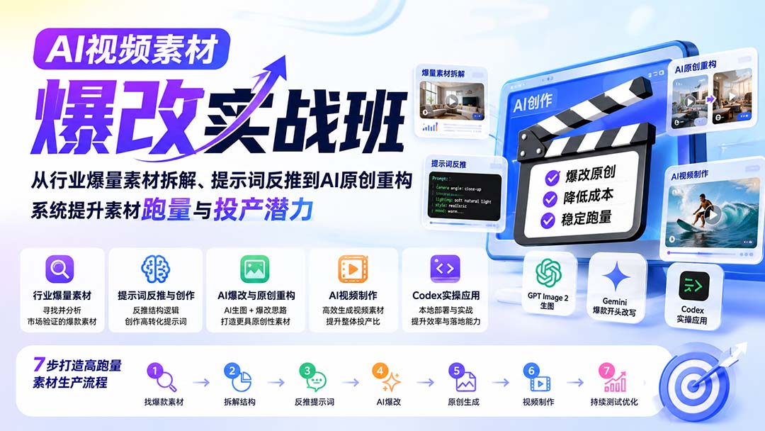AI视频素材爆改实战班-更新8月：从行业爆量素材拆解、提示词反推到AI原创重构，系统提升素材跑量与投产潜力 - 87副业网