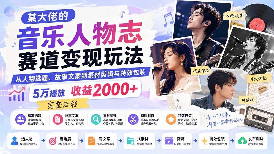 某大佬的音乐人物志赛道变现玩法：从人物选题、故事文案到素材剪辑与特效包装，5万播放收益2000+完整流程 - 87副业网