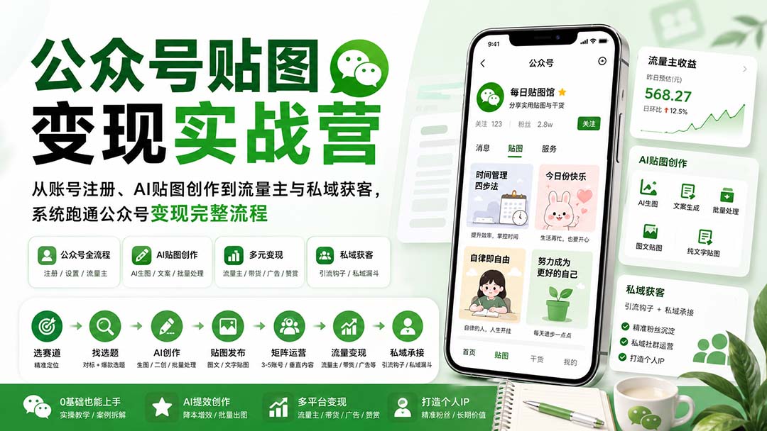 公众号贴图变现实战营：从账号注册、AI贴图创作到流量主与私域获客，系统跑通公众号变现完整流程 - 87副业网
