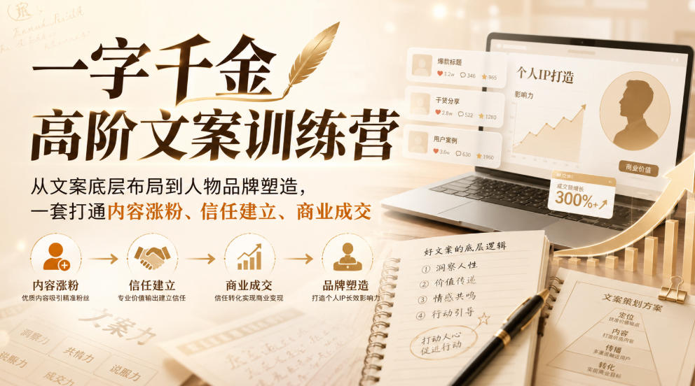 一字千金高阶文案训练营，从文案底层布局到人物品牌塑造，一套打通内容涨粉、信任建立、商业成交-87副业网 - 互联网副业项目资源分享平台