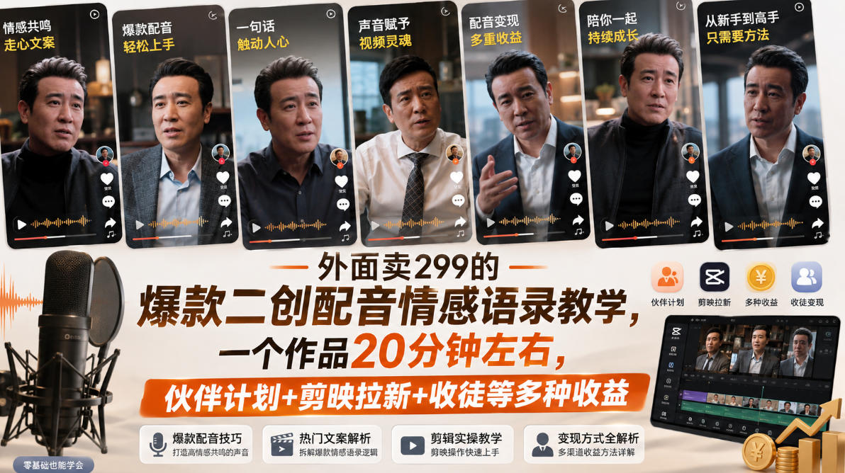 外面卖299的爆款二创配音情感语录教学，一个作品20分钟左右，伙伴计划+剪映拉新+收徒等多种收益 - 87副业网