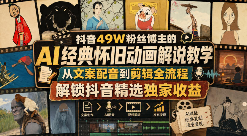 抖音49W粉丝博主的AI经典怀旧动画解说教学，从文案配音到剪辑全流程，解锁抖音精选独家收益 - 87副业网