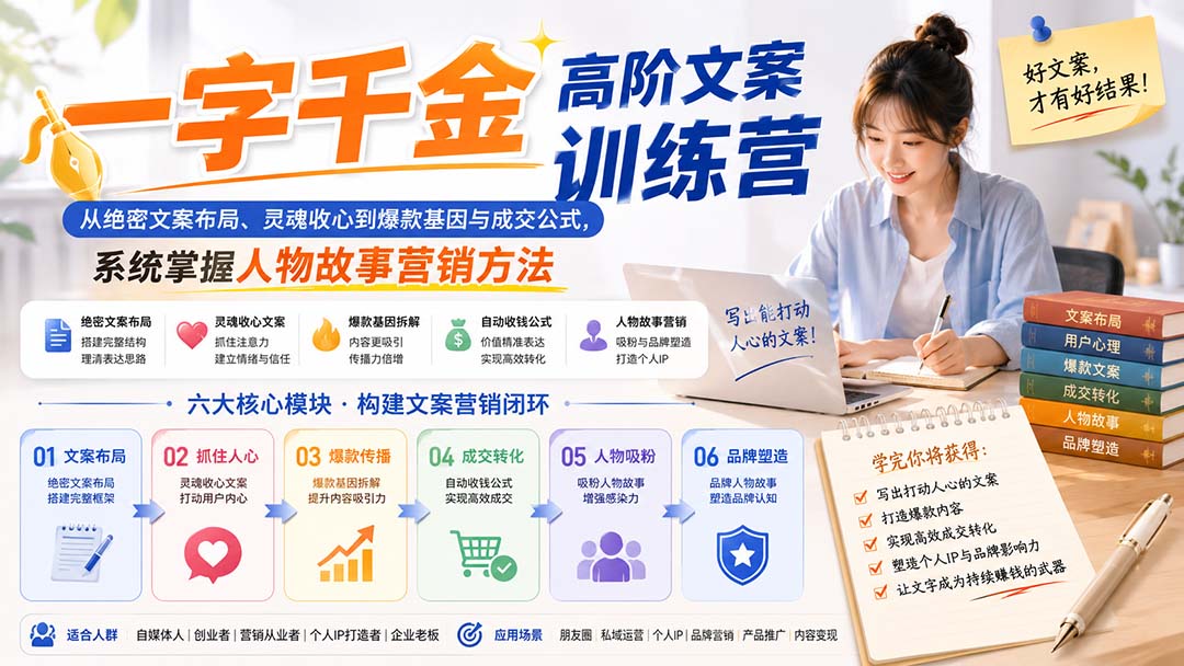 一字千金高阶文案训练营：从绝密文案布局、灵魂收心到爆款基因与成交公式，系统掌握人物故事营销方法-87副业网 - 互联网副业项目资源分享平台