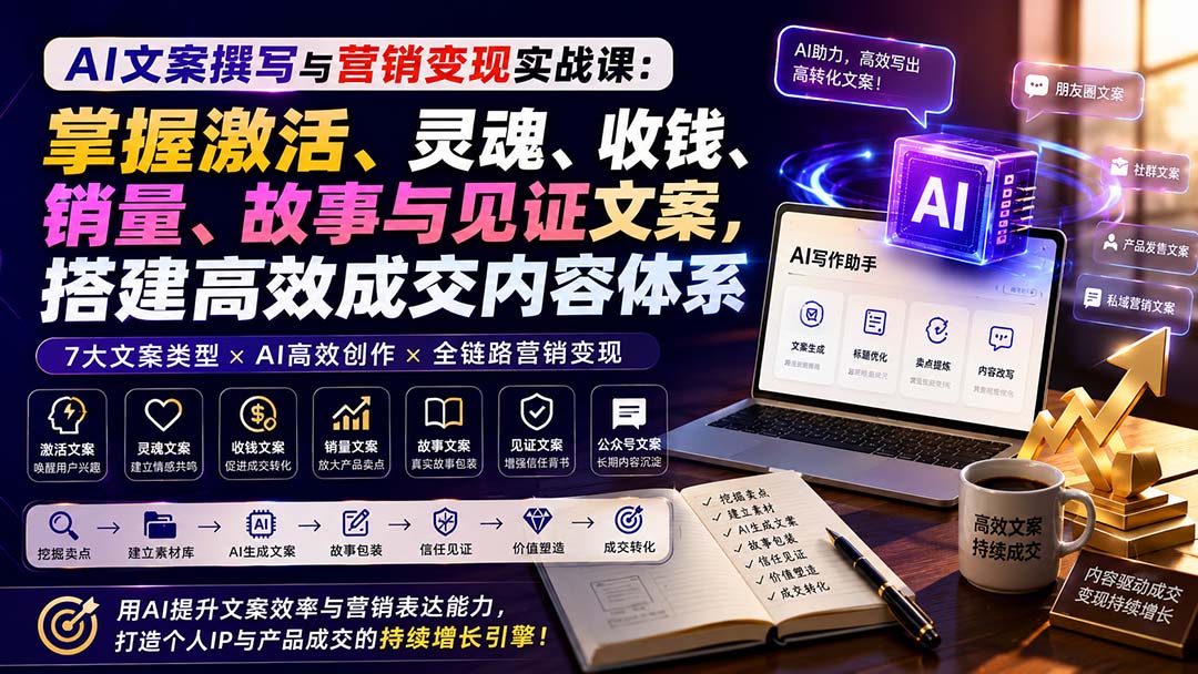 AI文案撰写与营销变现实战课：掌握激活、灵魂、收钱、销量、故事与见证文案，搭建高效成交内容体系 - 87副业网