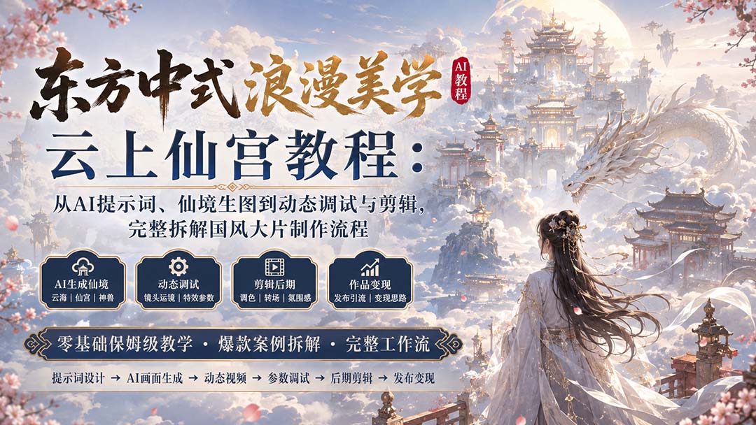 东方中式浪漫美学云上仙宫教程：从AI提示词、仙境生图到动态调试与剪辑，完整拆解国风大片制作流程-87副业网 - 互联网副业项目资源分享平台