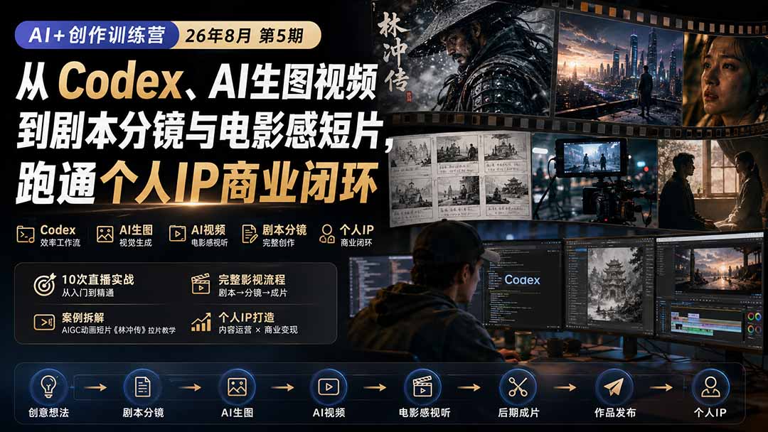 AI+创作训练营26年8月第5期：从Codex、AI生图视频到剧本分镜与电影感短片，跑通个人IP商业闭环 - 87副业网