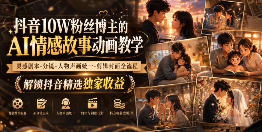 抖音10W粉丝博主的AI情感故事动画教学，灵感剧本‑分镜‑人物声画统一‑剪辑封面全流程，解锁抖音精选独家收益 - 87副业网