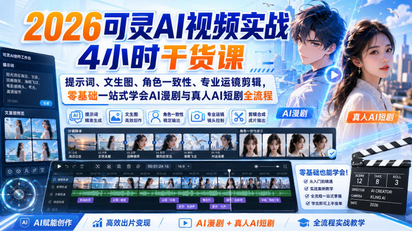 2026可灵AI视频实战4小时干货课｜提示词、文生图、角色一致性、专业运镜剪辑，零基础一站式学会AI漫剧与真人AI短剧全流程 - 87副业网