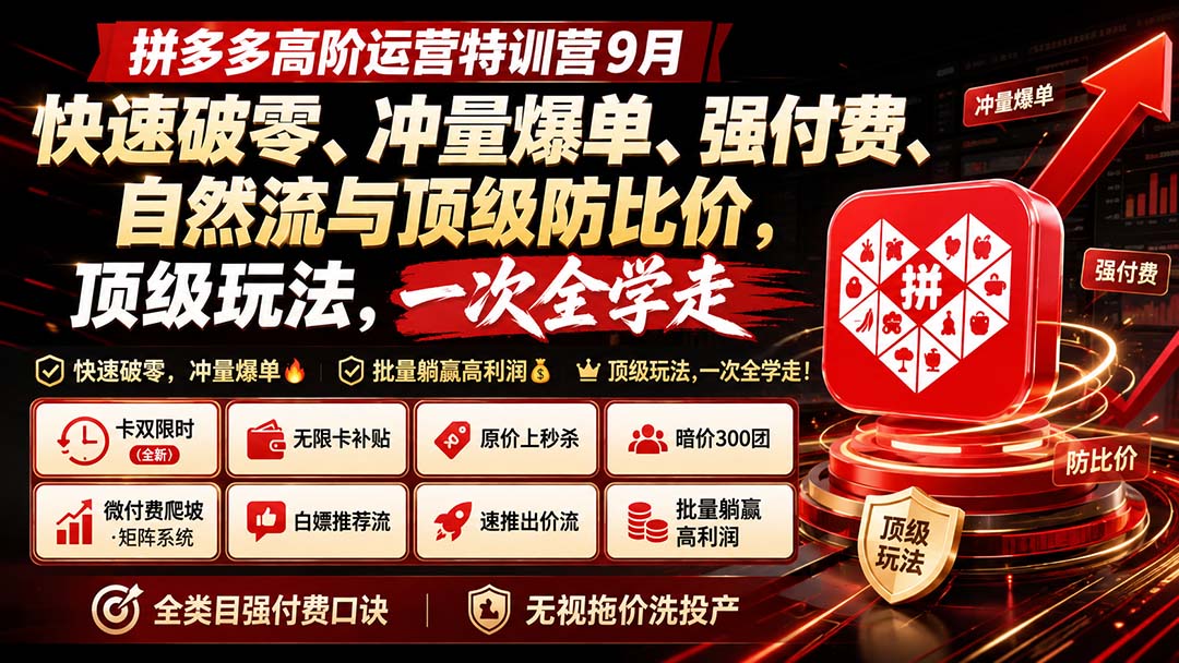 拼多多高阶运营特训营9月：快速破零、冲量爆单、强付费、自然流与顶级防比价， 顶级玩法，一次全学走 - 87副业网