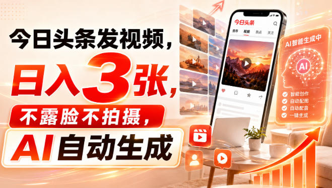今日头条发视频，日入3张，不露脸不拍摄，AI自动生成 - 87副业网