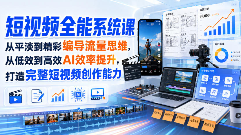 短视频全能系统课，从平淡到精彩编导流量思维，从低效到高效AI效率提升，打造完整短视频创作能力(2026年8月30更新233集)-87副业网 - 互联网副业项目资源分享平台