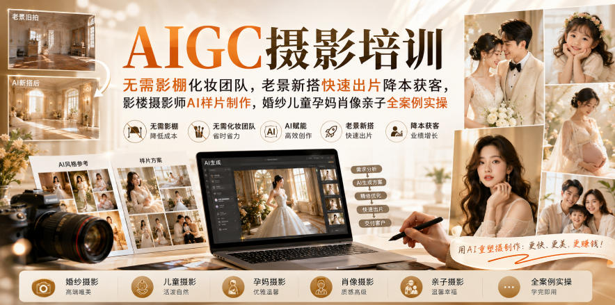 AIGC摄影培训｜无需影棚化妆团队，老景新搭快速出片降本获客，影楼摄影师AI样片制作，婚纱儿童孕妈肖像亲子全案例实操 - 87副业网