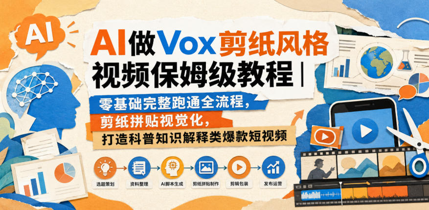 AI做Vox剪纸风格视频保姆级教程｜零基础完整跑通全流程，剪纸拼贴视觉化，打造科普知识解释类爆款短视频-87副业网 - 互联网副业项目资源分享平台