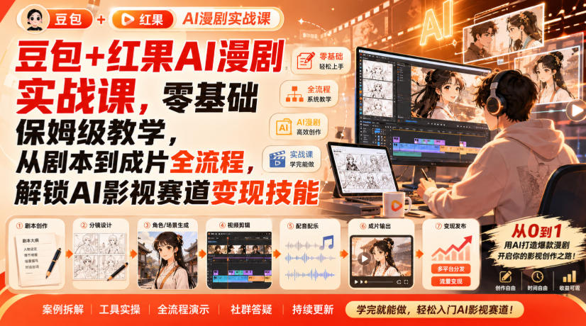 豆包+红果AI漫剧实战课，零基础保姆级教学，从剧本到成片全流程，解锁AI影视赛道变现技能 - 87副业网